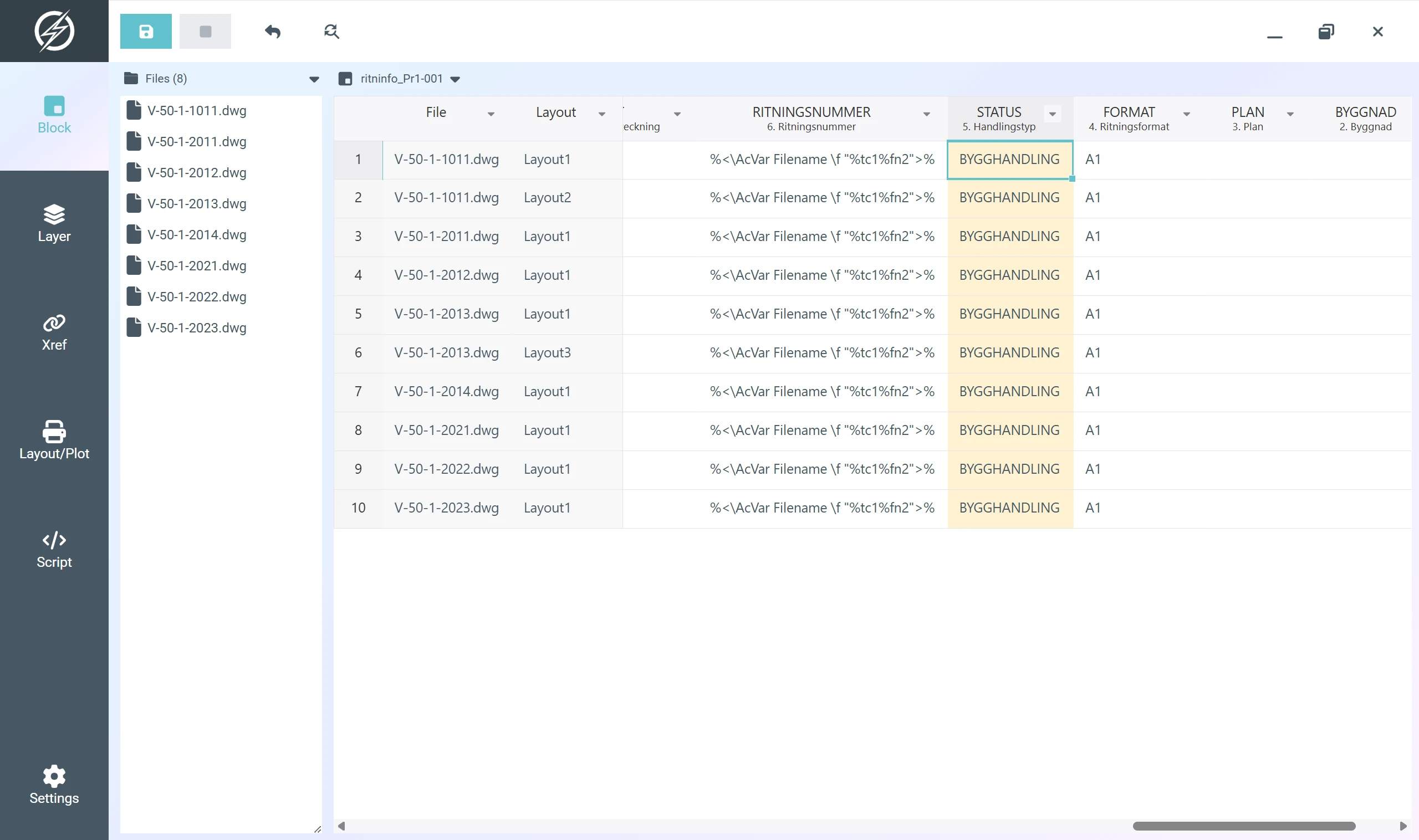 Indium Block Manager with a list of DWG drawings and a table for editing title block attributes across files